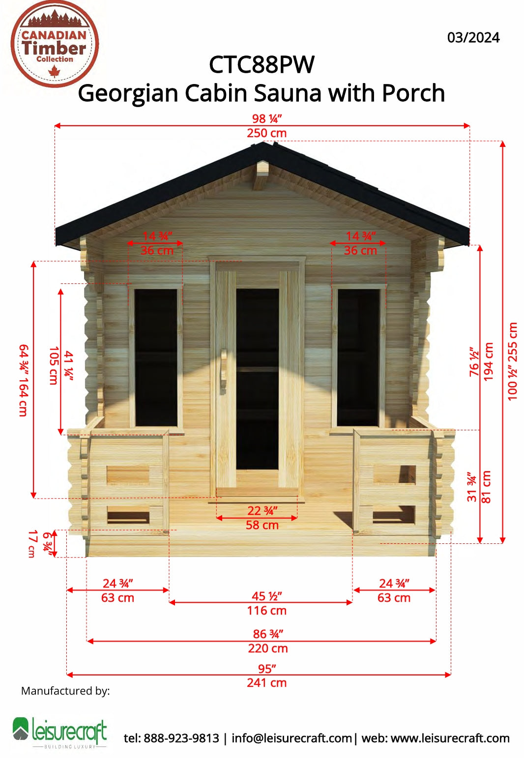 Leisurecraft CT Georgian Cabin Sauna with Porch