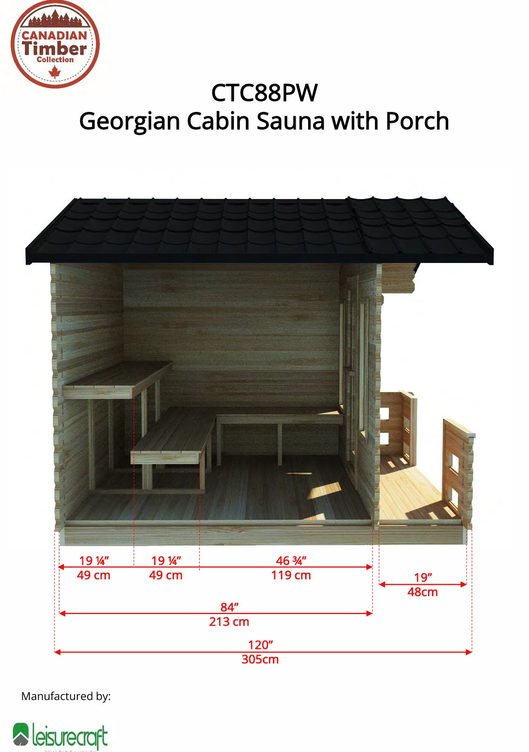 Leisurecraft CT Georgian Cabin Sauna with Porch
